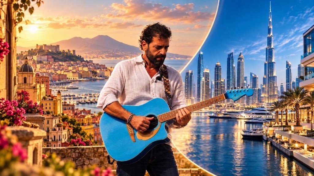 GiGa playing a blue acoustic guitar, with the bay of Naples on one side and the Dubai skyline on the other