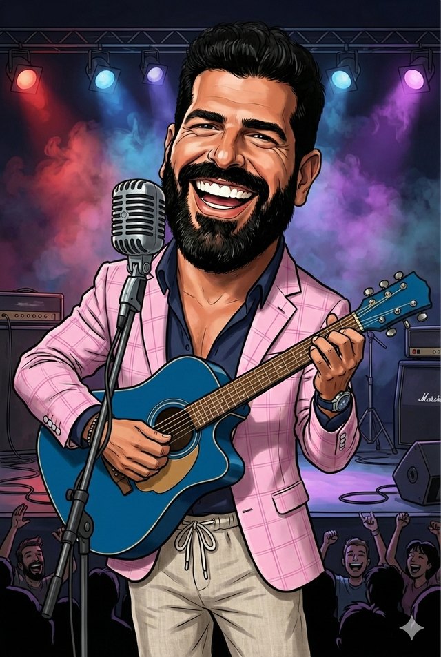 Cartoon of GiGa laughing on stage with a blue guitar and a vintage microphone